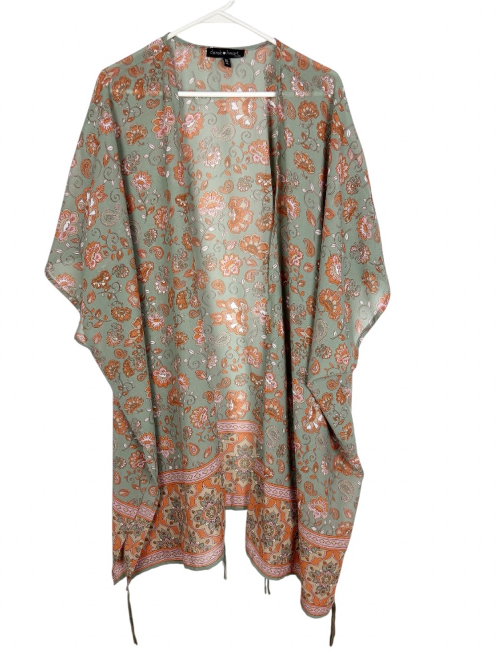 Derek Heart Plus Kimono Size 1X Open Front Floral Sage Peach Fringe Boho - Picture 5 of 5